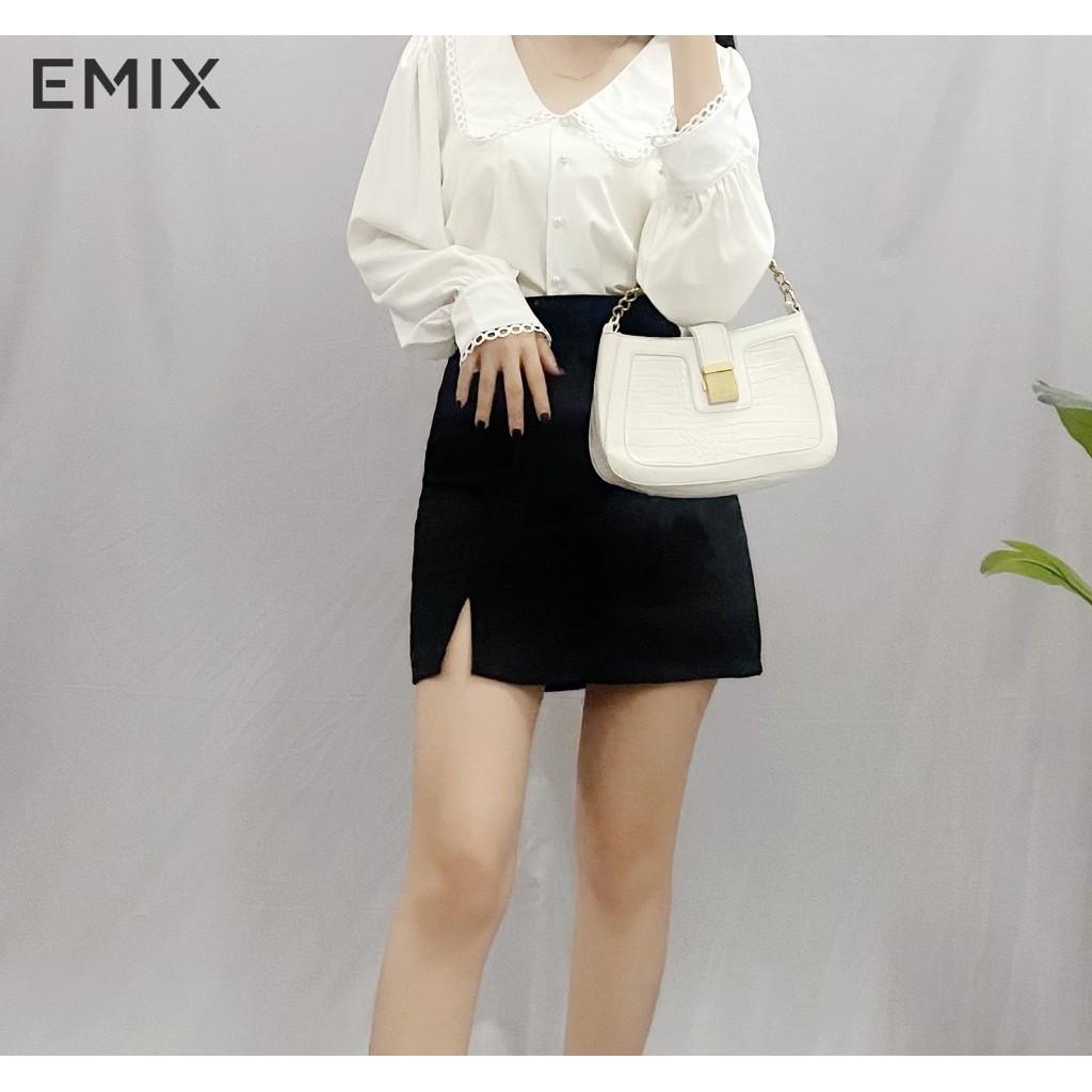 Chân váy ngắn chữ A EMIX, vintage, dáng ngắn 42cm, xẻ trước, có quần lót trong, chất tuyết mưa mềm mát, không lộ