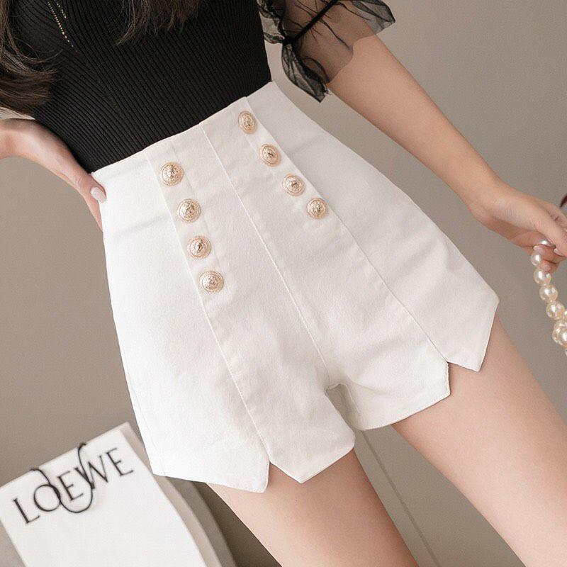 [L2M] Quần short nữ lưng cao tôn dáng PHỐI 8 NÚT xẻ đùi chất kaki co giãn thoáng mát - Đen