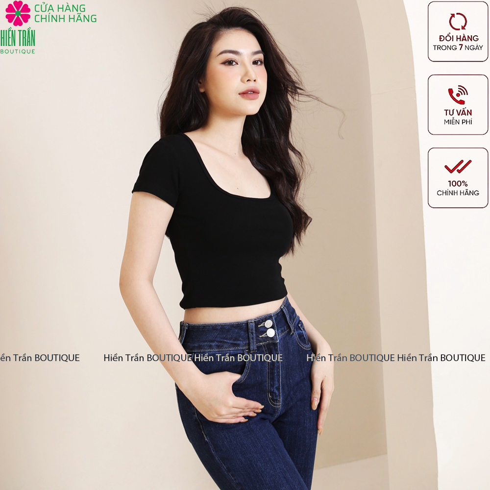 Áo croptop Hiền Trần BOUTIQUE cổ vuông cộc tay vải thun ôm body crotop nữ cotton co giãn tốt