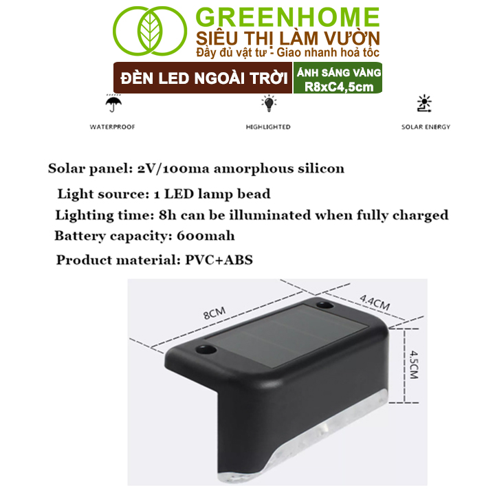 Đèn Led Năng Lượng Mặt Trời Greenhome, R8xc4,5cm, Vàng Ấm, Chống Nước, Ốp Lan Can, Trang Trí Ban Công, Sân Vườn