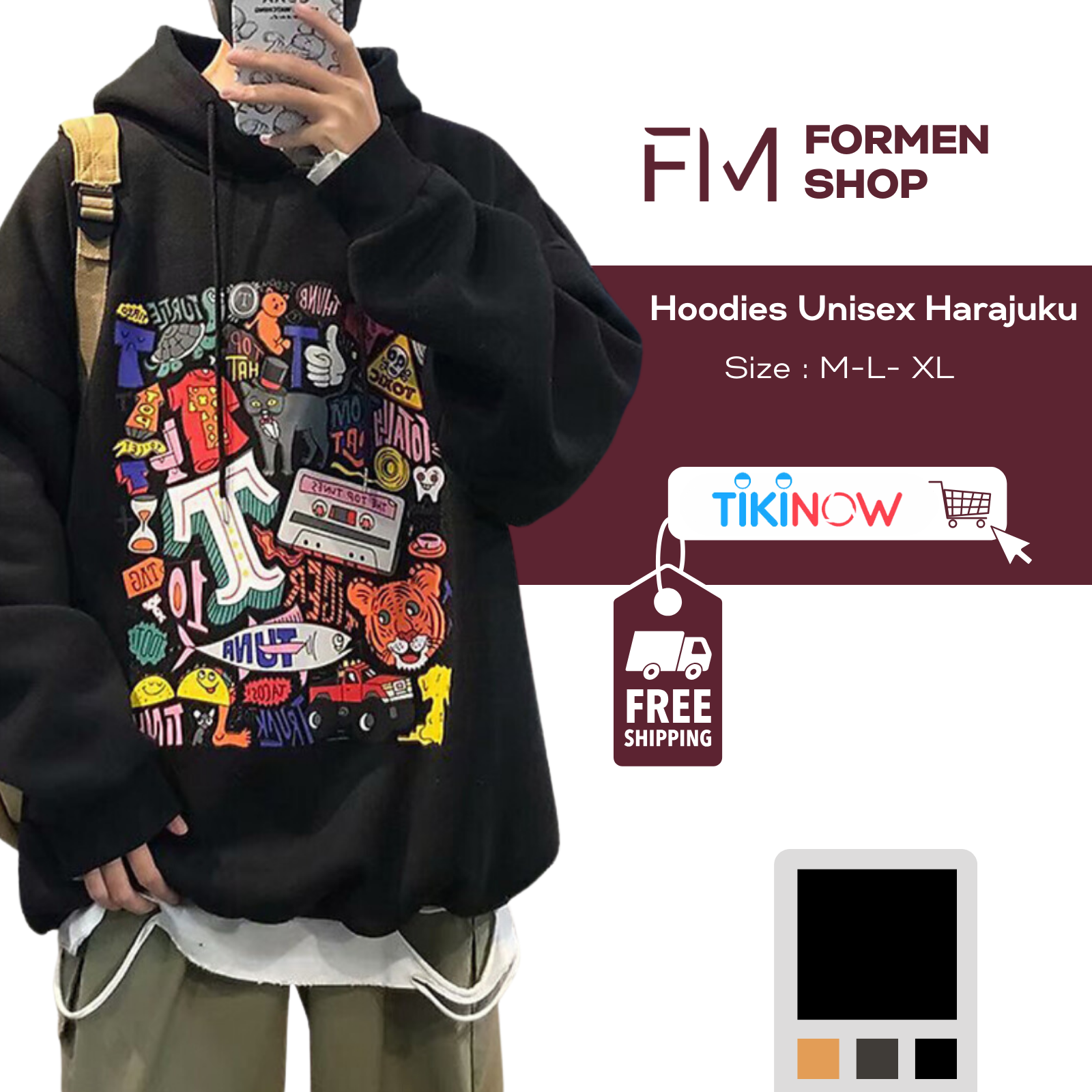 Hình ảnh Áo hoodie nam nữ form rộng Unisex một màu in hoạt hình cá tính Hàn Quốc – FORMEN SHOP – FMGV034