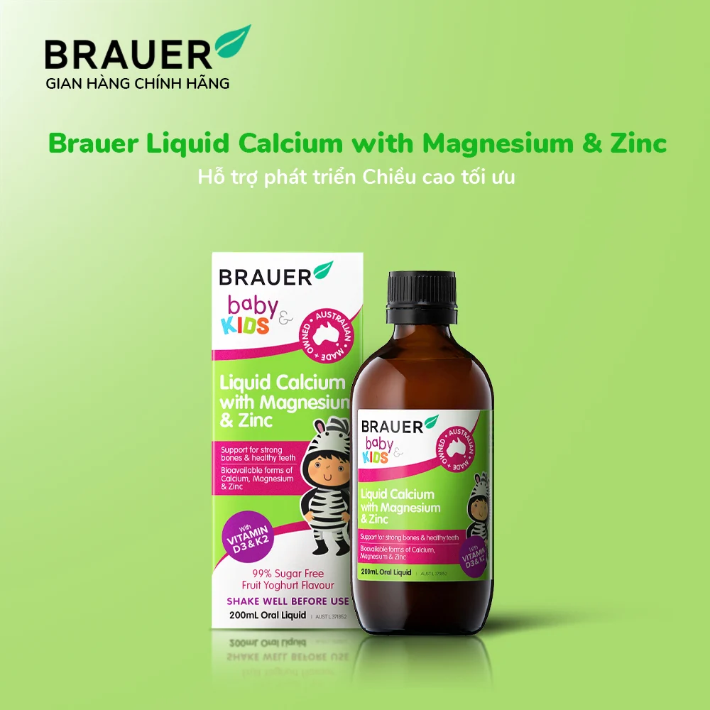 Calcium (canxi) hữu cơ, vitamin D3 cho trẻ sơ sinh, trẻ nhỏ Brauer Úc hỗ trợ phát triển chiều cao, cơ bắp, ngủ ngon, tăng hệ miễn dịch-OZ Slim Store