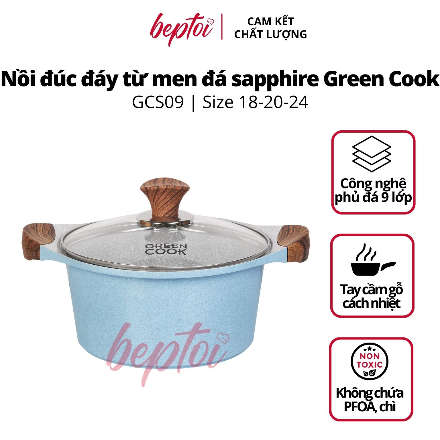 Nồi đúc bếp từ men đá chống dính xanh sapphire Green Cook GCS09-IH công nghệ Hàn Quốc - Hàng chính hãng