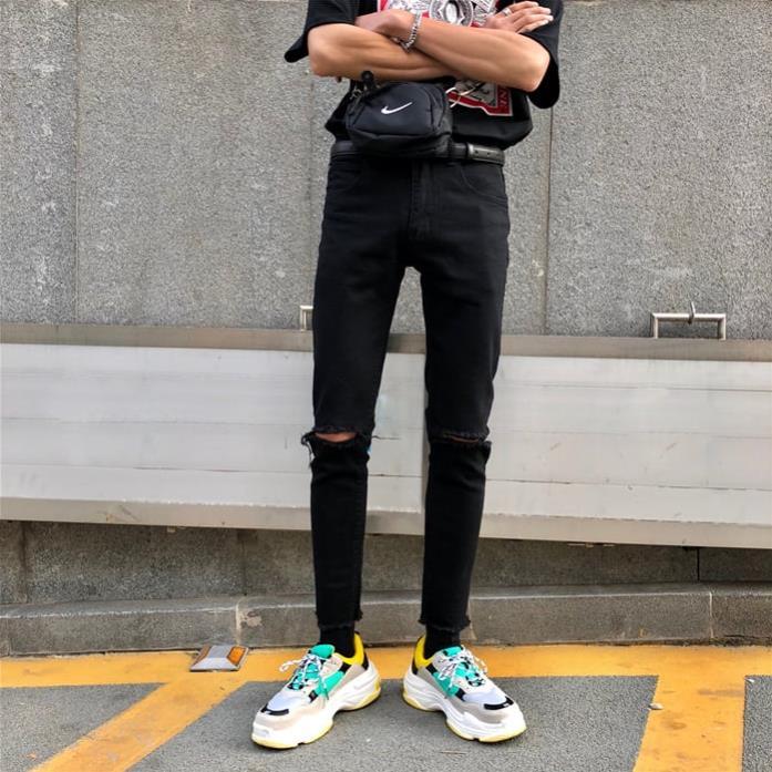 Quần Jeans Skinny Nam Rách Gối Màu Đen Vải Co Giãn Nhẹ, Không Phai Màu Phong Cách Hàn Quốc