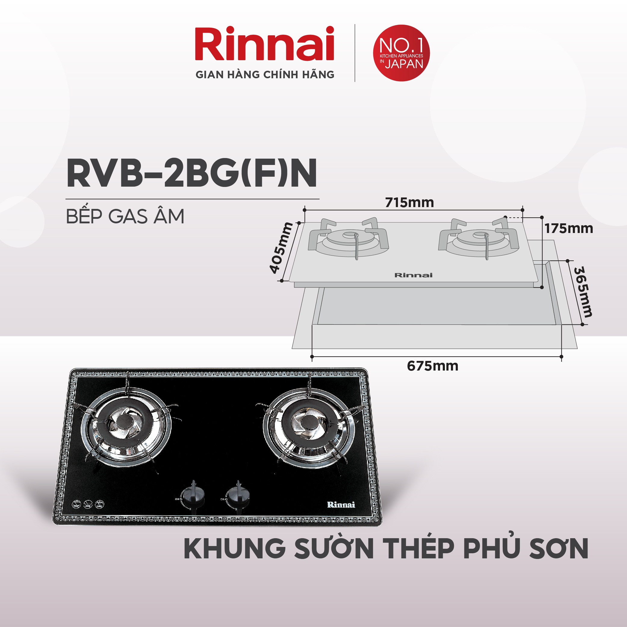 Bếp gas âm Rinnai RVB-2BG(F)N mặt bếp kính và kiềng bếp men - Hàng chính hãng.