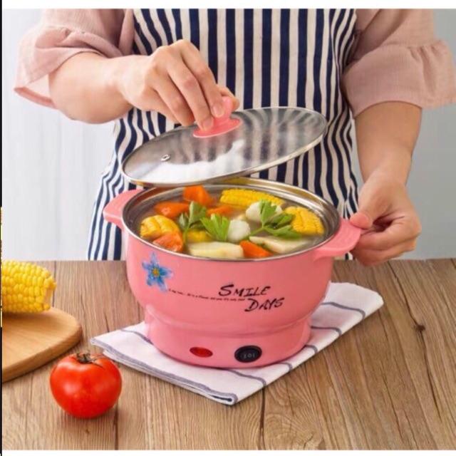 Nồi lẩu điện đa năng mini tròn kèm hấp xửng lòng chảo màu trắng inox 22cm màu vàng , hồng