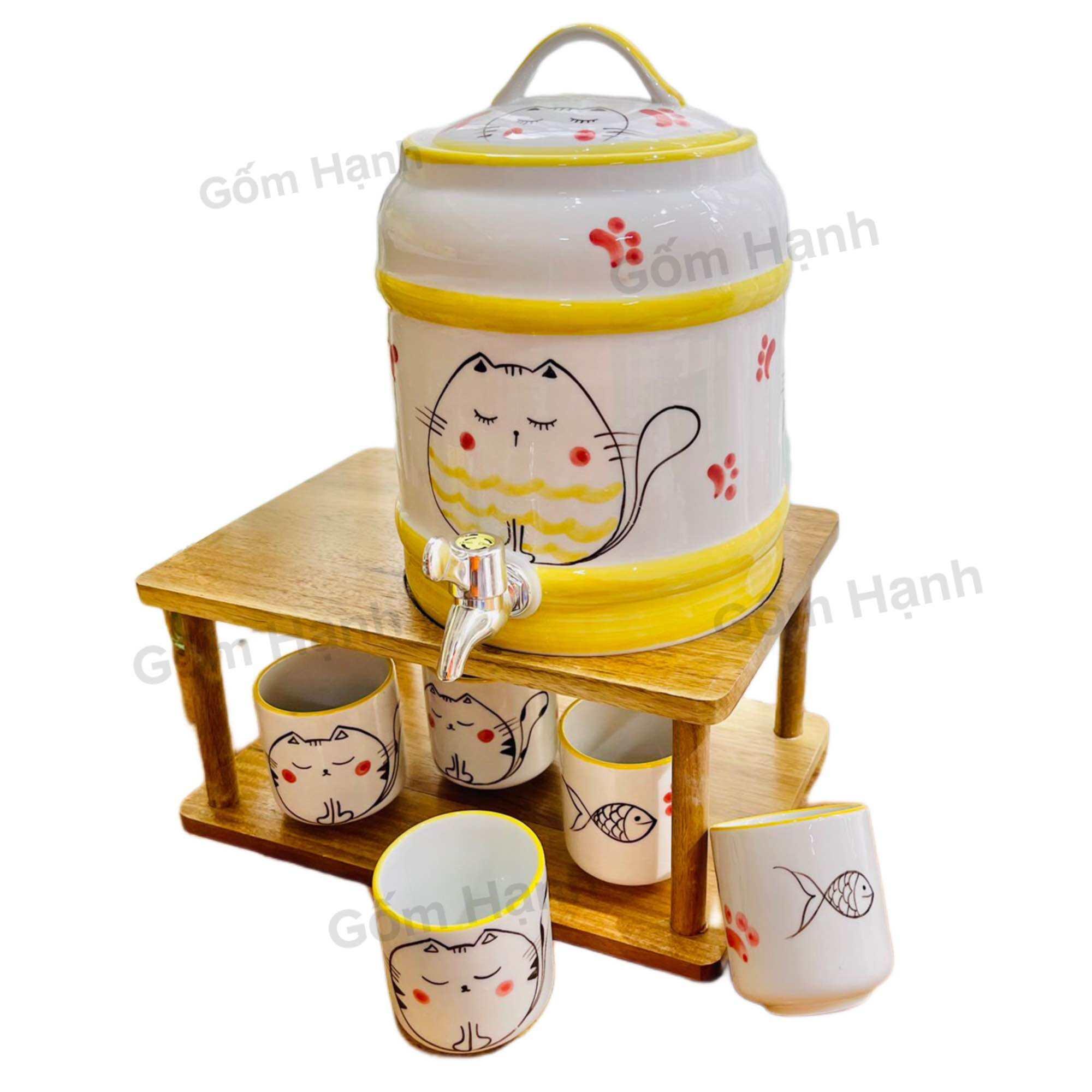Bộ bình nước uống nước 4l-9l hoa văn dễ thương gốm Bát tràng gồm giá kệ, bình gốm, cốc uống nước