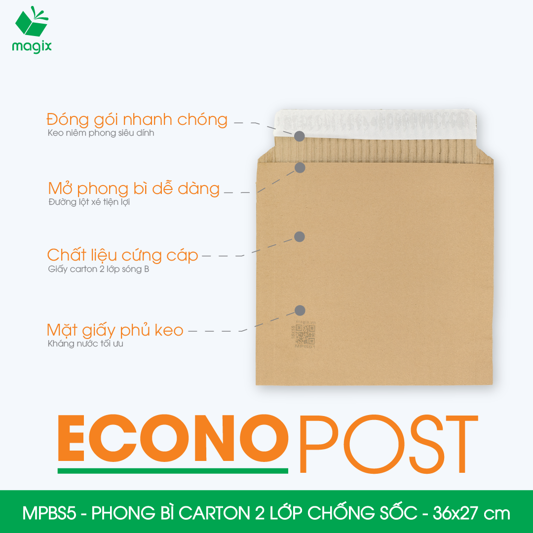 MPBS5 - 36x27 cm - Combo 100 túi phong bì carton chống sốc, chống thấm nước, sẵn keo niêm phong