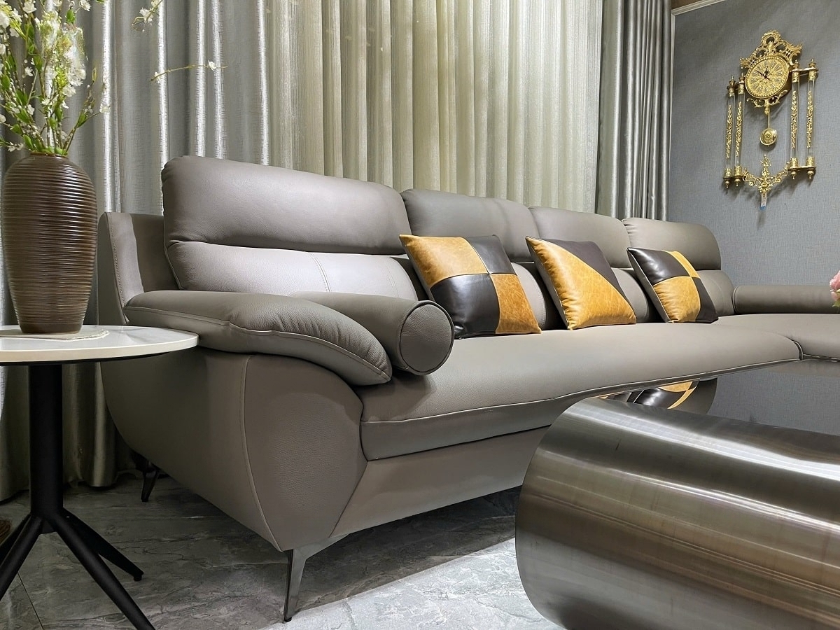 Sofa góc L da bò Italy Juno sofa màu xám – SFLCT01 3m3 x 1m9 hàng cao cấp chuẩn da bò nhập khẩu Ý