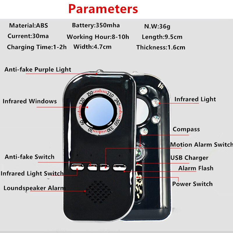 Máy Dò Phát Hiện Camera, Còi Báo Đ.ộng Chống Tr.ộm, Dò Ti.ền Giấy Cao Cấp K300. K300 Portable Hidden Camera Detector Anti Spy Detector Mini Pinhole Camera Finder Anti-theft Alarm Compass
