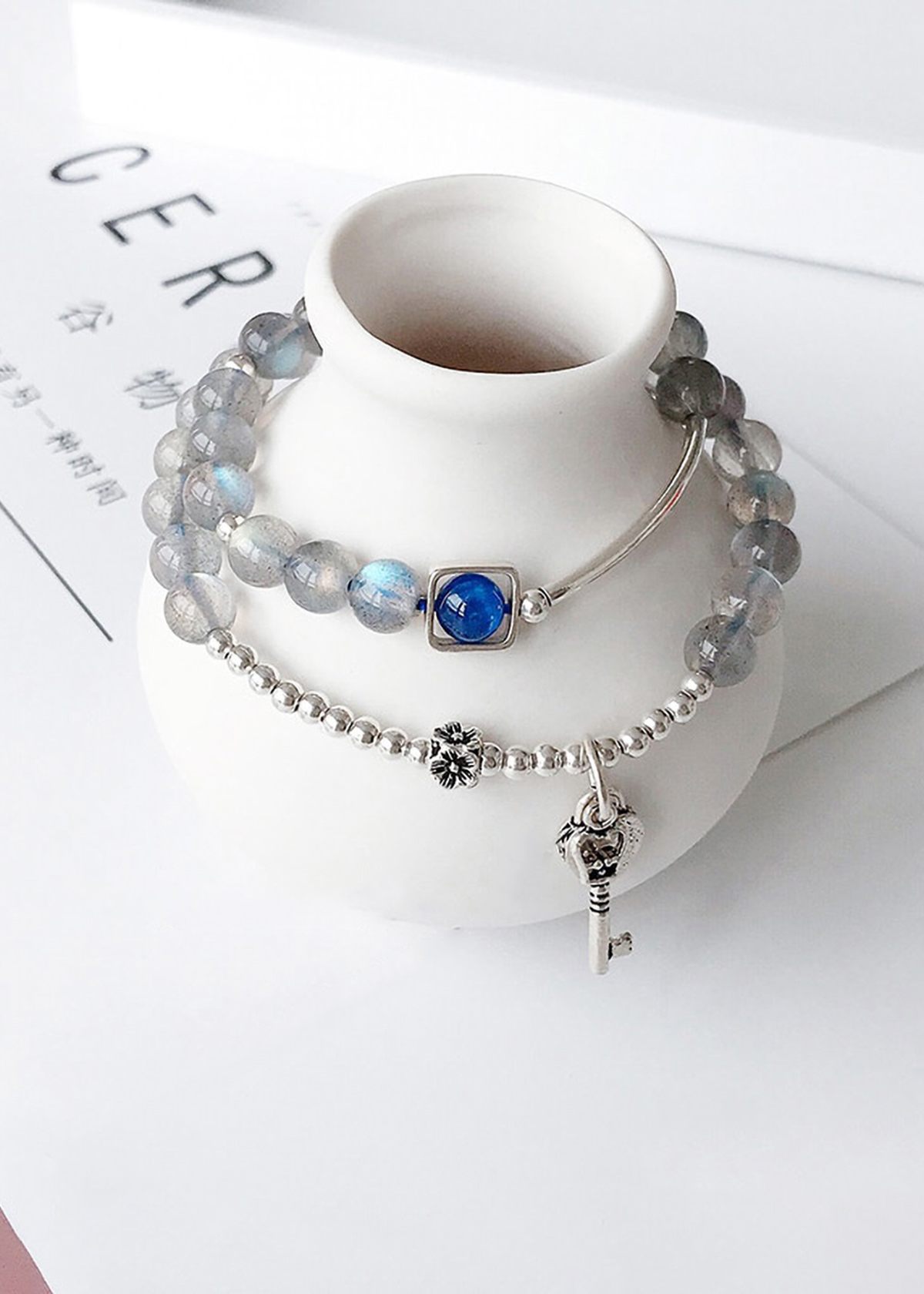 Vòng 2 line đá xà cừ ánh xanh phối charm khóa mệnh thủy, kim - Ngọc Quý Gemstones