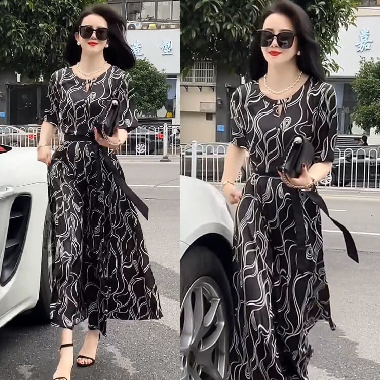 Đầm lụa họa tiết cột eo
