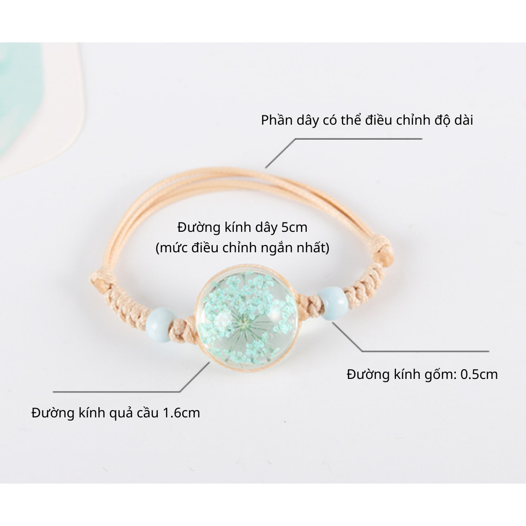 Vòng Tay May Mắn Quả Cầu Thủy Tinh Chứa Hoa Khô Xinh Xắn, Họa Tiết Hoa Bồ Công Anh