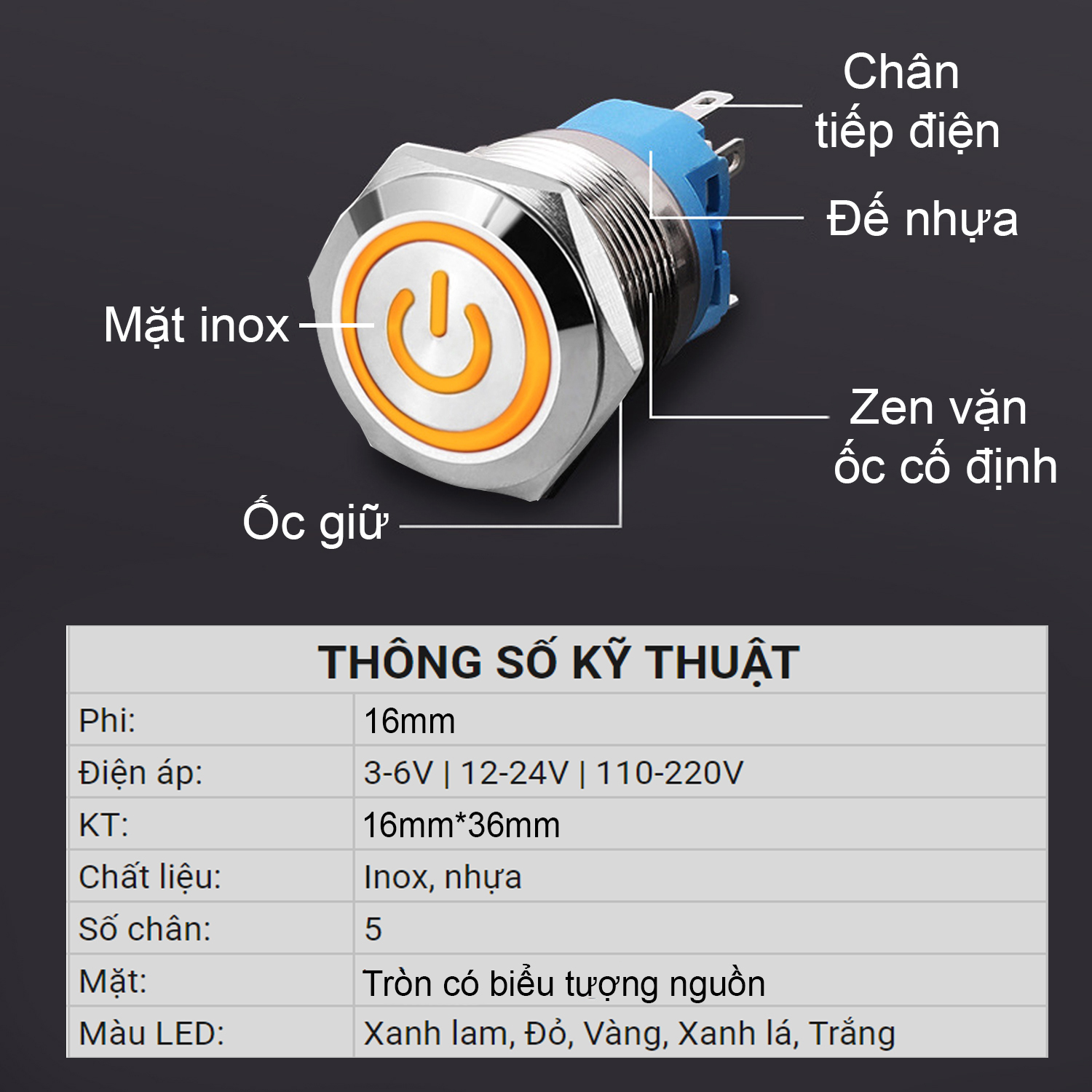 Nút Nguồn Inox Led, Công Tắc Nhấn Tự khóa 16mm Có biểu tượng Power