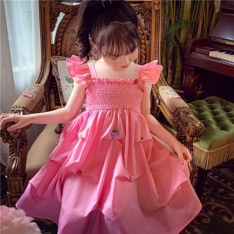 DIYIWEI Cô gái công chúa váy mùa hè 2023 phong cách phương Tây trẻ em thời trang rắn màu sling váy cô gái nhỏ lưới váy đỏ