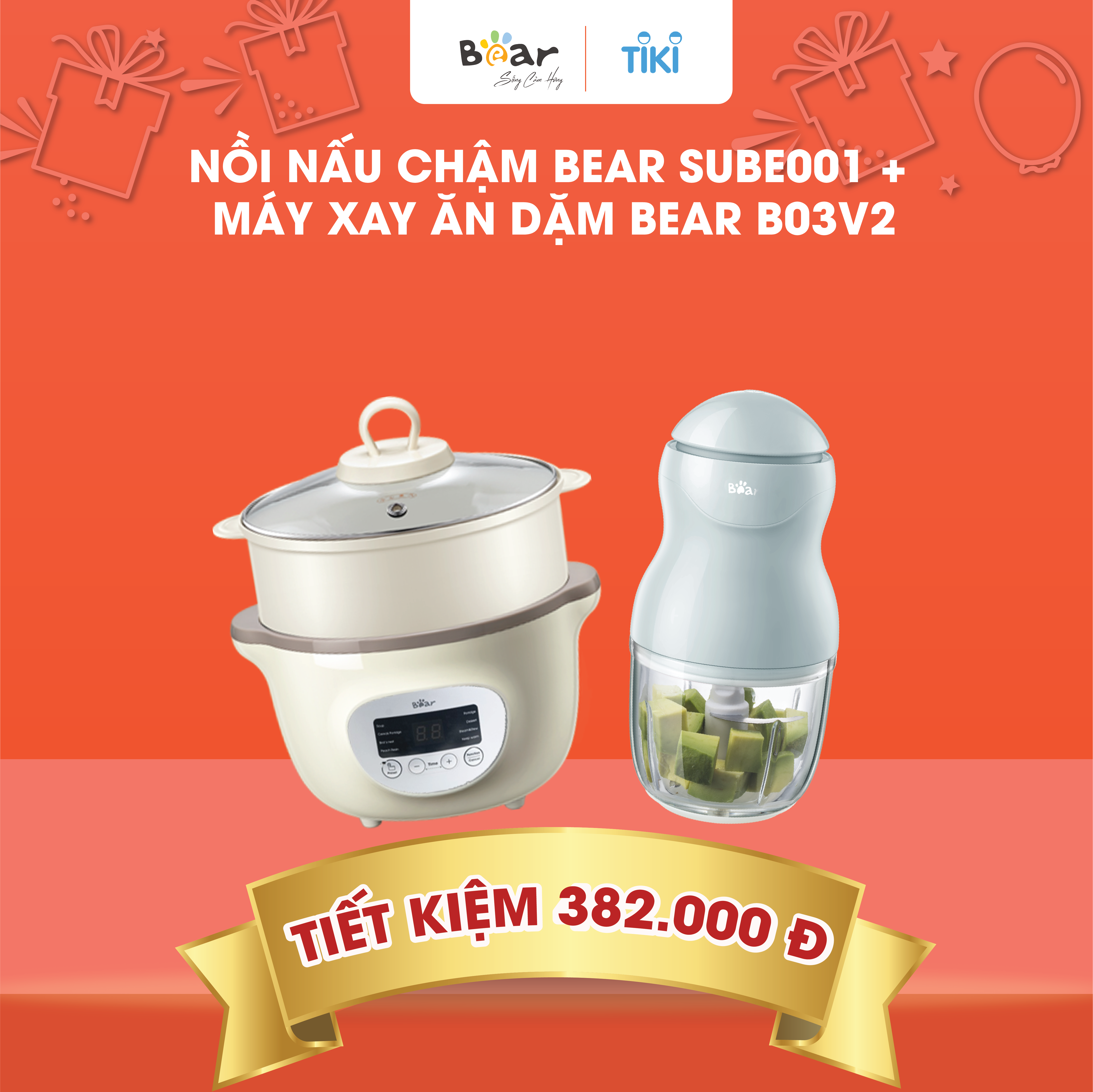 Combo Nồi Nấu Chậm 1,6L SUBE002 + Máy Xay Ăn Dặm 0,3L B03V2chưng yến dinh dưỡng, tiện dụng - Hàng Chính Hãng