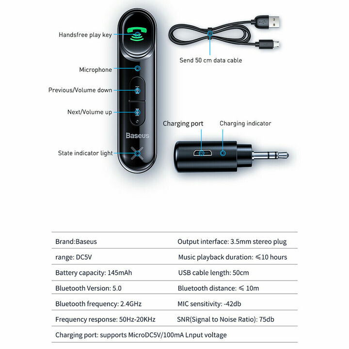 Bộ kết nối Bluetooth Receiver nhãn hiệu Baseus WXQY-01 Qiyin AUX dung lượng pin 145mAh  ( Car AUX 3.5mm Bluetooth Receiver/ Adapter) - hàng nhập khẩu