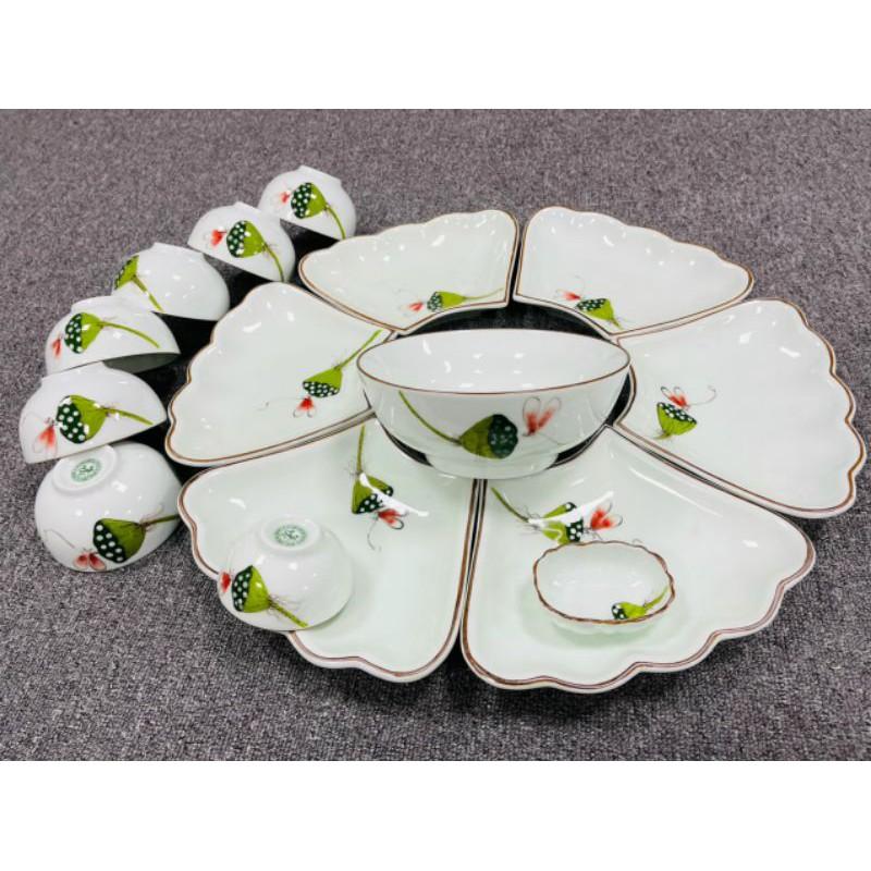Bộ bát đĩa hoa mặt trời vẽ tâm sen