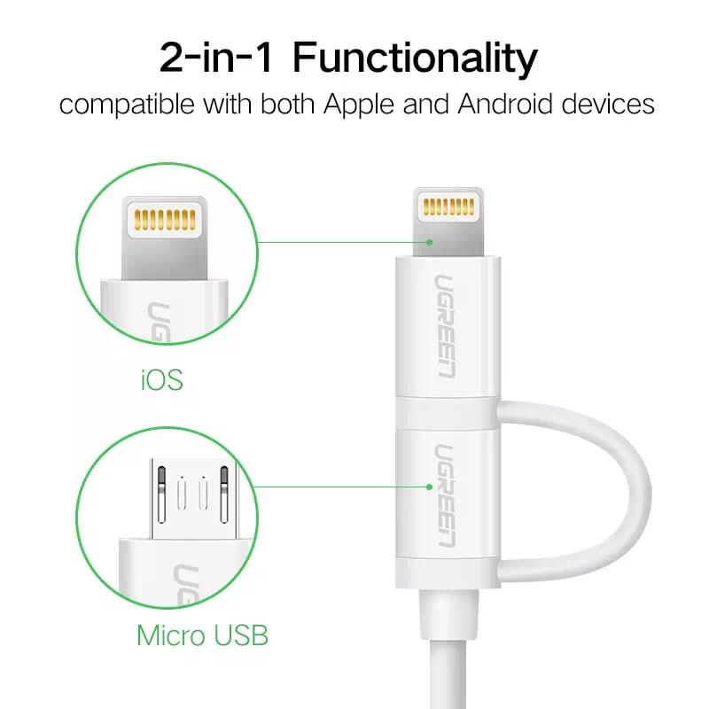 Ugreen UG20877US178TK 1.5M màu Trắng Cáp sạc đa năng USB sang MicroUSB + Lightning - HÀNG CHÍNH HÃNG