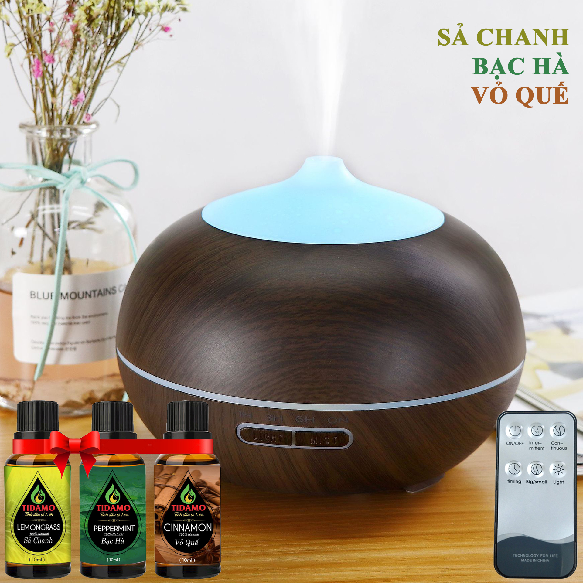 Combo Máy Khuếch Tán/ Máy Xông Tinh Dầu TIDAMO BN3E + 3 Chai Tinh Dầu nguyên chất: Sả Chanh + Bạc Hà + Vỏ Quế / Có Remote Điều Khiển Từ Xa / Thích Hợp Xông Tinh Dầu Phòng 15-50m2