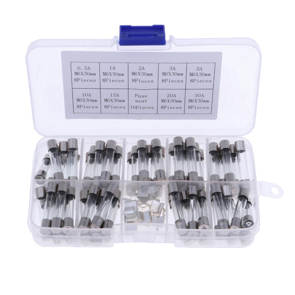 72 Pcs Electronics Quick Blow Glass Tube Fuse Assortment Kit 6*30mm 0.5A~30A