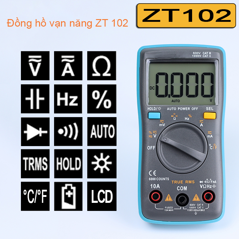 Đồng hồ vạn năng điện tử ZT102 đồng hồ đa năng kỹ thuật số màn hình LCD