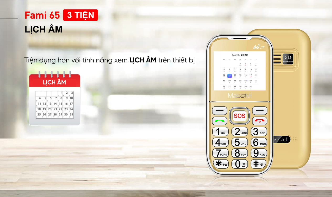 Điện Thoại Cho Người Già Masstel Fami 65 - SOS, Loa To, FM Không Dây, Đọc Số Bằng Giọng Nói, Xem Lịch Âm - HÀNG CHÍNH HÃNG