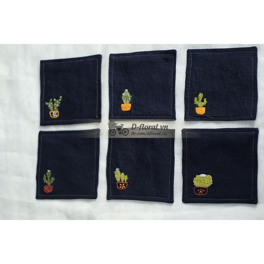 Set lót ly linen thêu tay