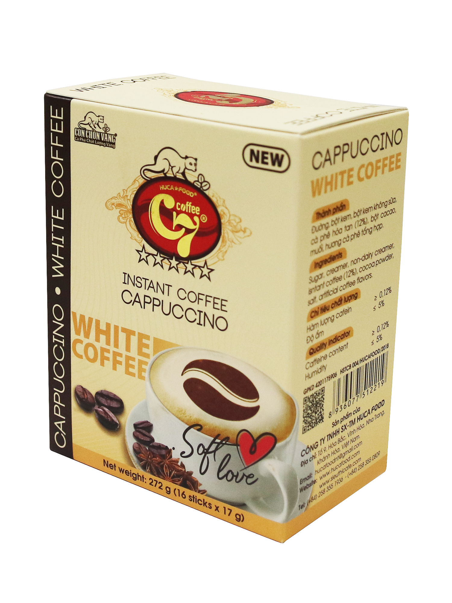 Cà Phê Hòa Tan Cappuccino White Coffee Hiệu Con Chồn Vàng C7 - Hộp 272Gr (16 Gói x 17Gr)