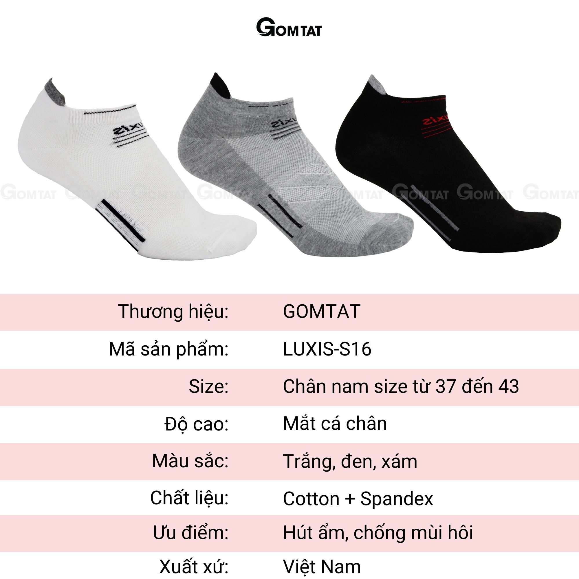 Tất nam cổ ngắn GOMTAT chuyên dùng cho thể thao, chất liệu cotton cao cấp, có đệm bảo vệ gót chân - LUXIS-S16-1DOI