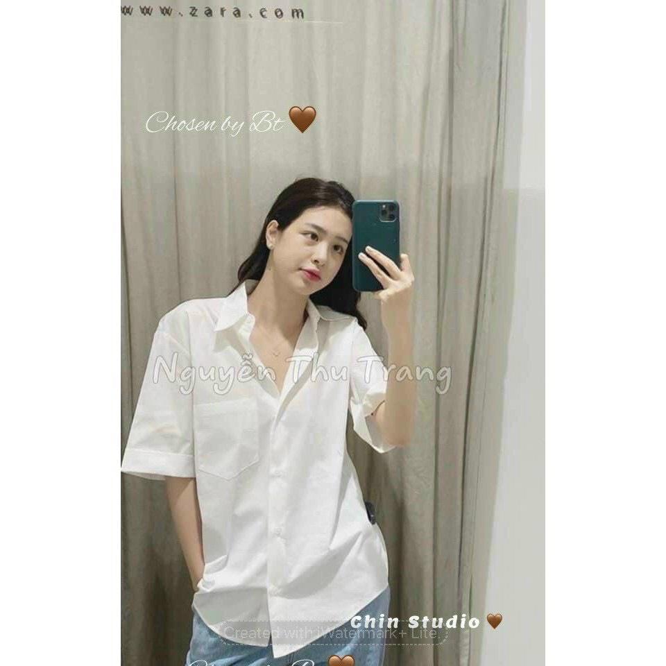 Áo sơ mi trắng nữ cộc tay túi trước ngực siêu xinh