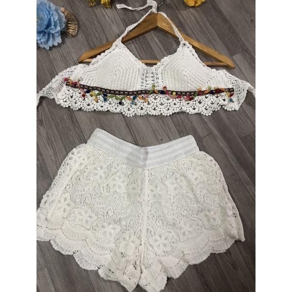13-Set áo bra -quần sóc ren đi biển 2 món