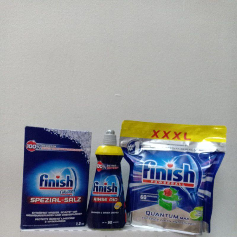 bộ 3 sản phẩm viên rửa chén Finish Quantum+ muối finish 1,2kg + bóng finish 400 ml