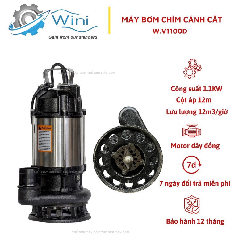 Máy bơm chìm nước thải cắt rác 1.1Kw (1.5HP) Thân inox 304 Wini W.V1100D - Bảo hành 1 năm