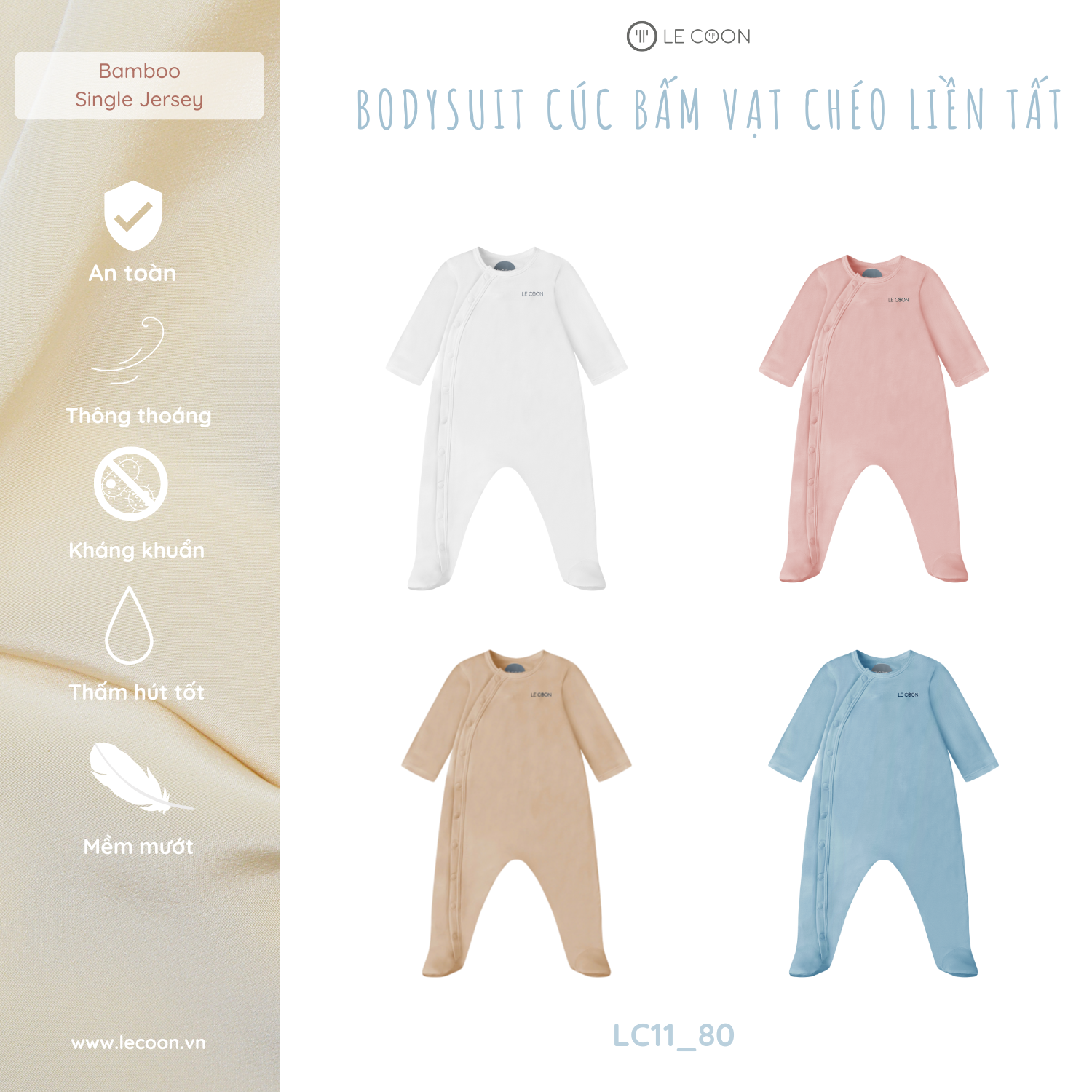 LE COON | Bodysuit Dài Cúc Bấm Vạt Chéo Liền Tất | Vải COOL mỏng mát | 0-9 tháng