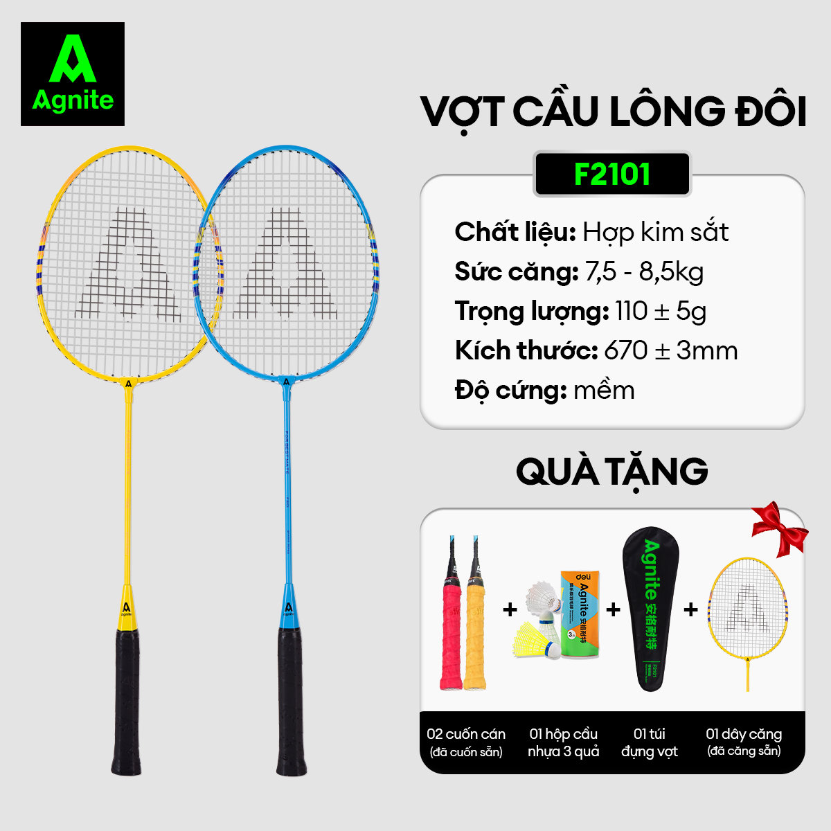 Vợt Cầu Lông Cán Liền Agnite - Kèm Bao Đựng Cao Cấp - 2 Chiếc - F2134 - F2101
