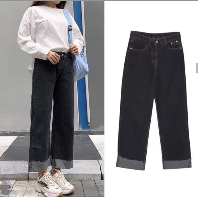 Quần jeans ống rộng gấp lai cực chất