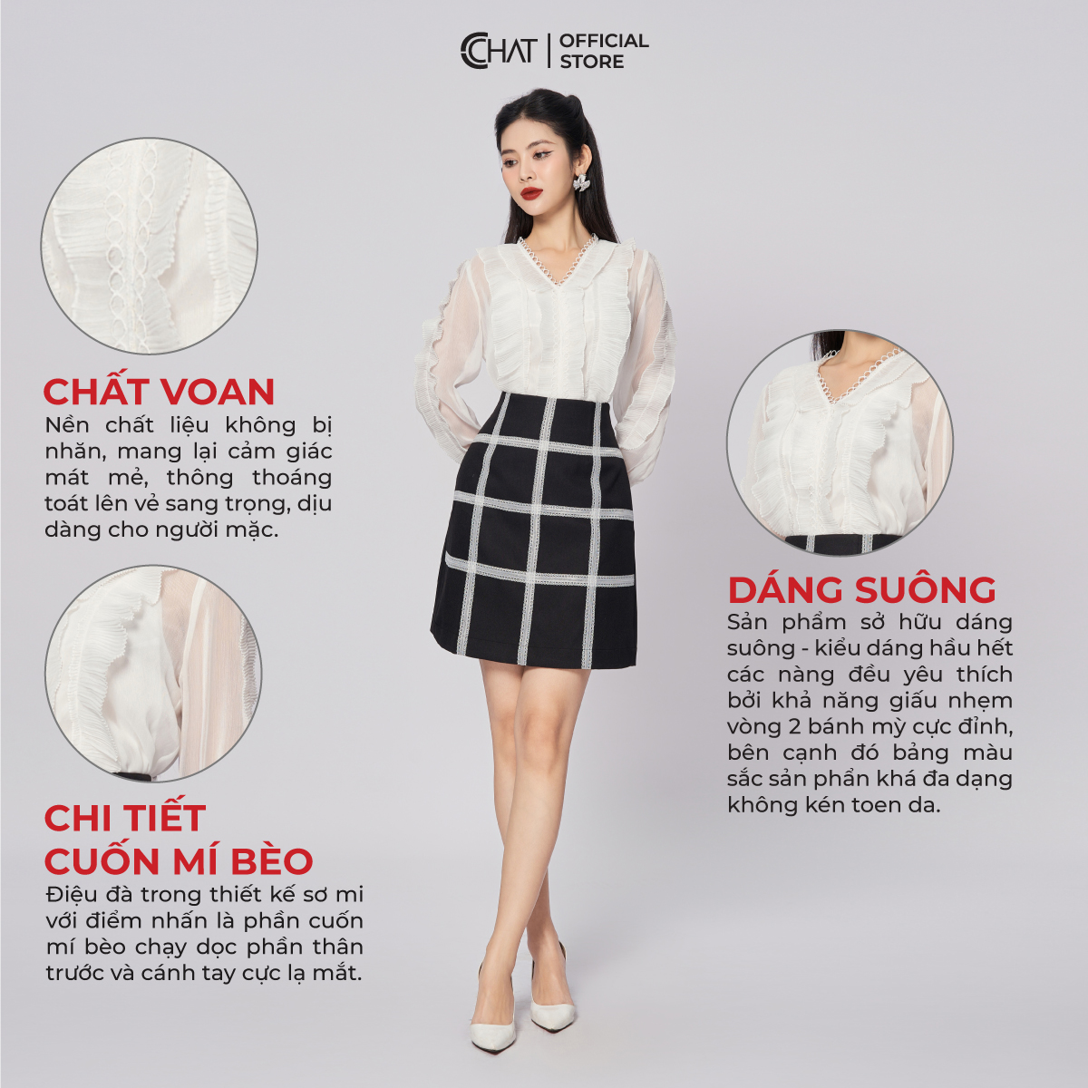 Áo Sơ Mi Nữ CCHAT Cổ V Bèo Thân Áo Trước Chất Liệu Voan Bay Bổng 53ADV2003ST