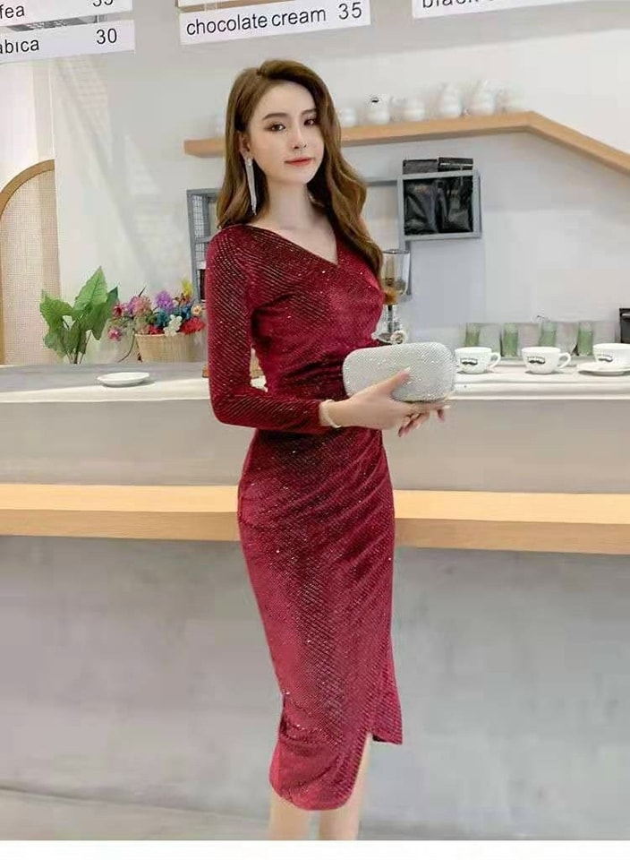 ĐẦM BODY NHUNG KIM SA CỔ ĐẮP CHÉO CAO CẤP