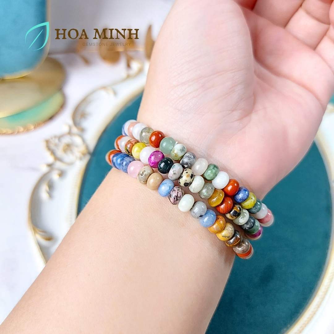 Vòng tay phong thủy kiểu bánh xe hạt 6.4 li ngũ hành đủ loại đá Lapis Lazuli thanh kim, Chalcedony, Thạch anh, Ngọc jasper không kén mệnh