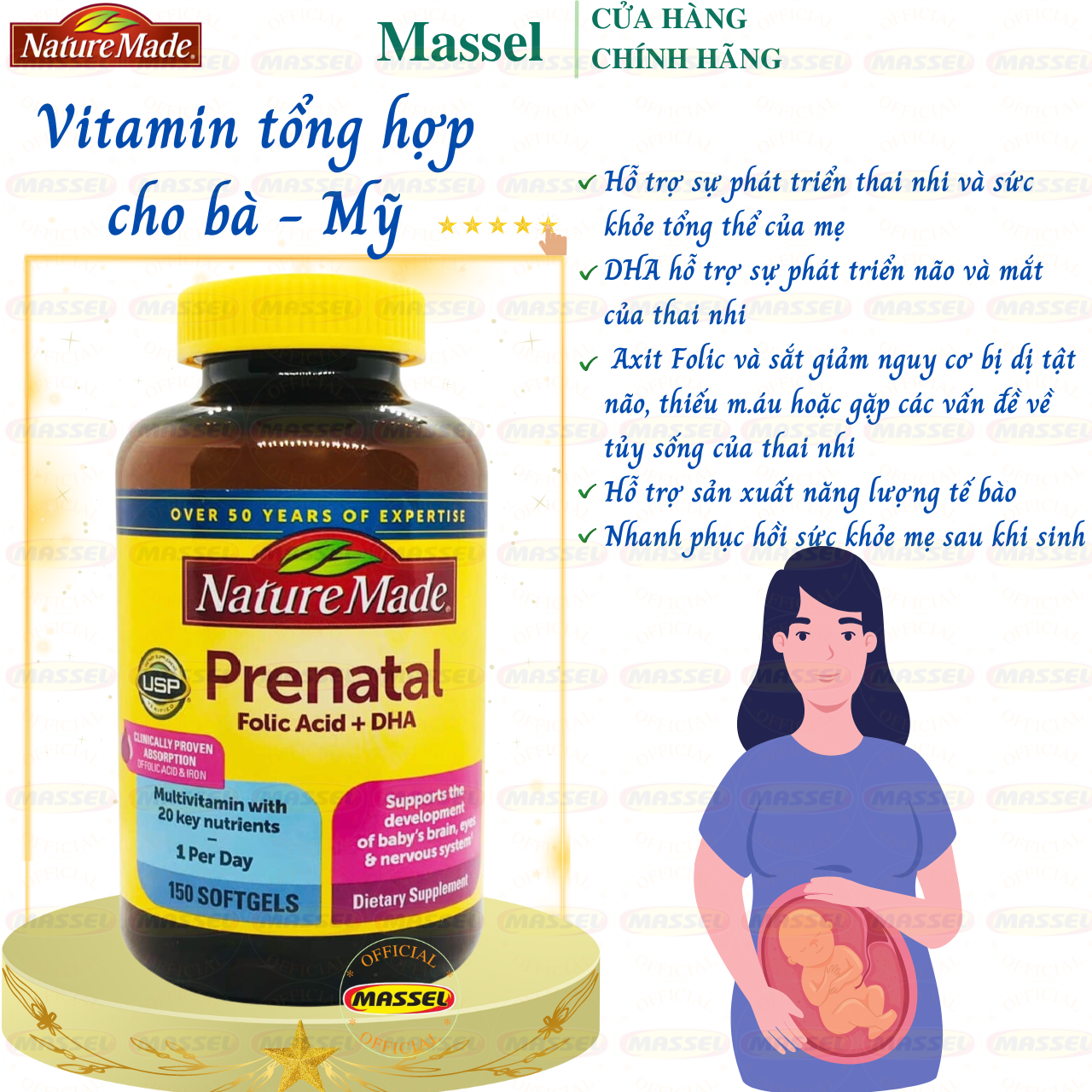 Vitamin cho bà bầu Prenatal Folic Acid+ DHA Nature Made giàu dinh dưỡng giúp mẹ khỏe, bé khỏe - Massel Official