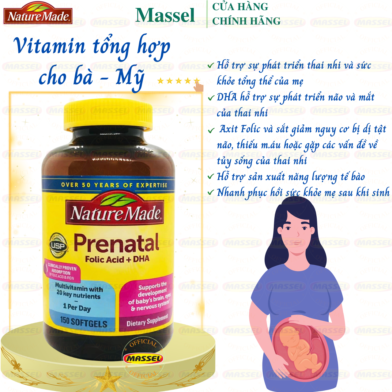 Vitamin cho bà bầu Prenatal Folic Acid+ DHA Nature Made giàu dinh dưỡng giúp mẹ khỏe, bé khỏe (Mỹ) - Massel Official