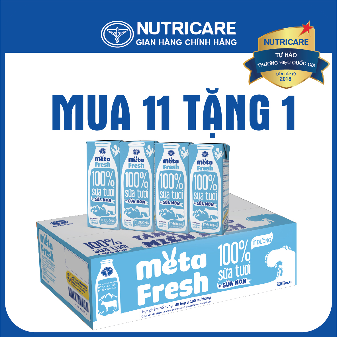 [Mua 11 lốc tặng 1] Sữa tươi Nutricare Meta Fresh Ít Đường (180ml)