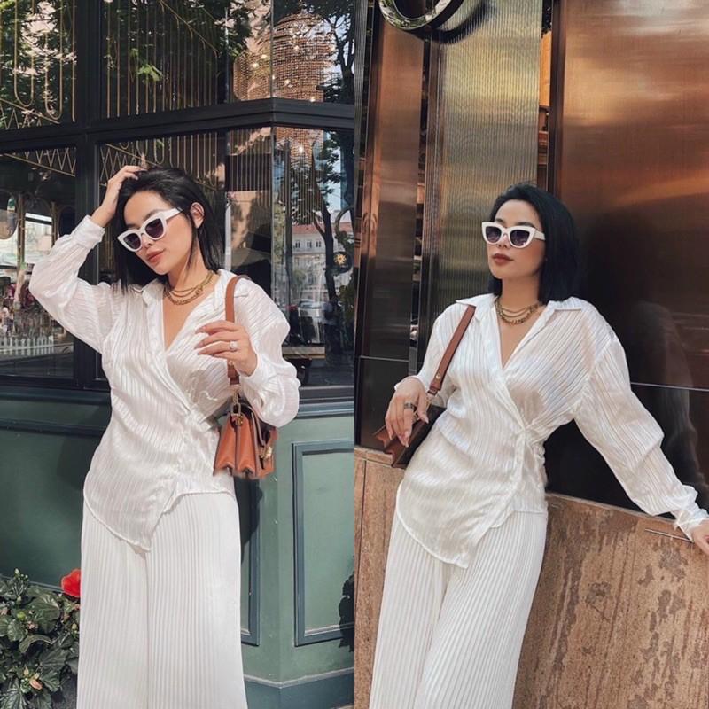 Áo sơmi đắp chéo và quần suông dập li tôn dáng nhiều màu