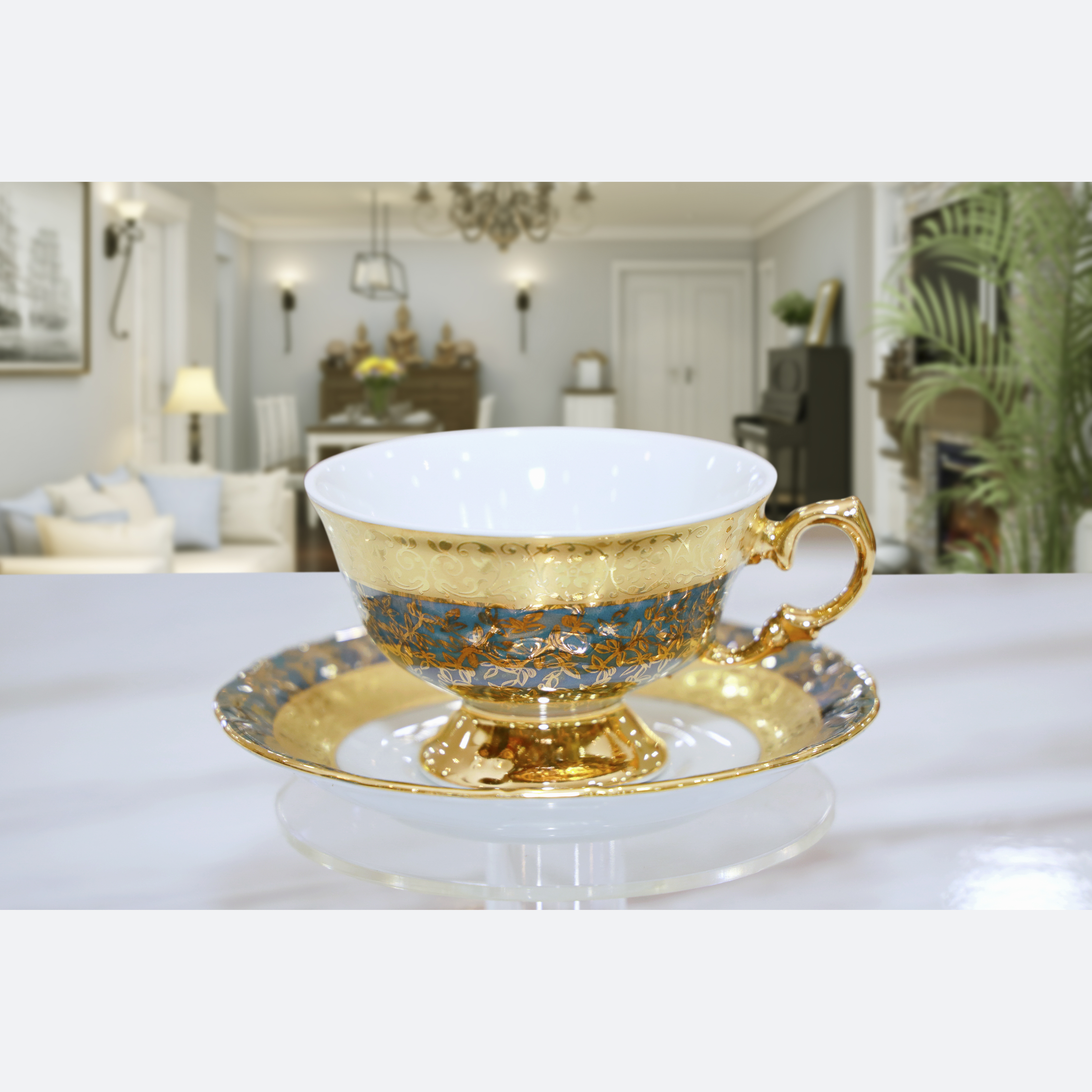 Bộ bình trà sứ Tiệp cao cấp mạ vàng 3-086, màu xanh xanh lá đậm, phong cách tân cổ điển sang trọng