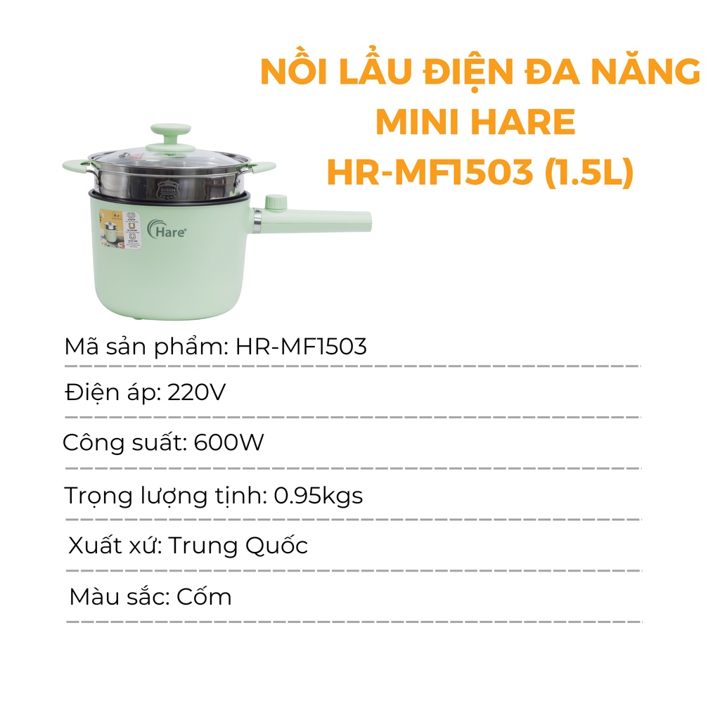 Nồi lẩu điện đa năng mini HR-MF1503 (1.5L) - hàng chính hãng thương hiệu Hare - bảo hành 12 tháng