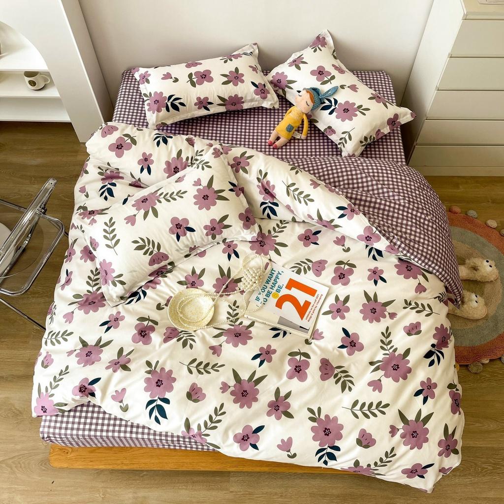 Bộ chăn ga gối Cotton Poly M2T bedding, vỏ chăn mền, drap ga giường, 2 vỏ gối - PL Hoa sim tím