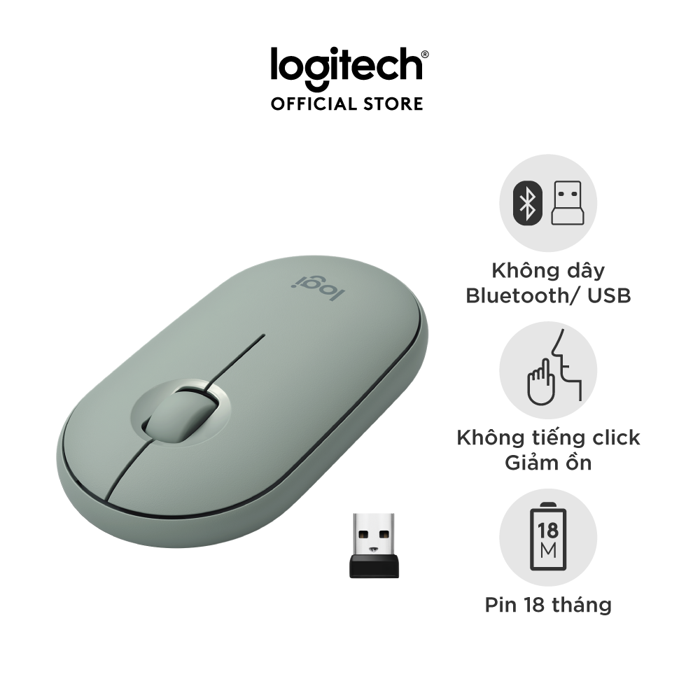 Chuột không dây Logitech Pebble M350 - Kết nối Bluetooth/ USB 2.4GHz, thiết kế mỏng, giảm ồn, phù hợp Mac / PC / Laptop - Màu Xanh rêu - Hàng chính hãng