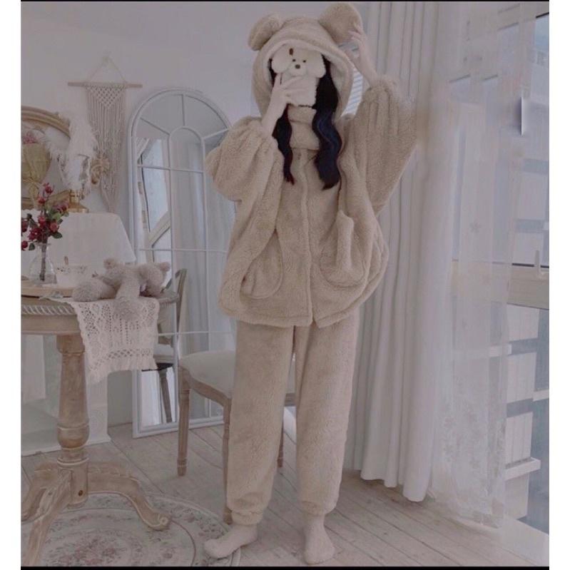Bộ đồ ngủ tai gấu mùa đông màu nâu be Hàn Quốc Chất lông dày dặn from rộng ULZZANG, XUONGMAYSIGIARE