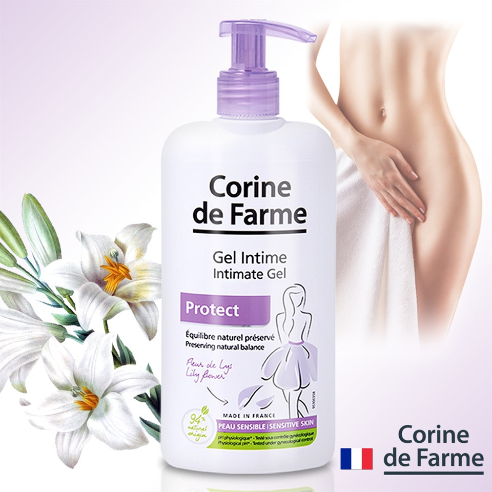 Gel vệ sinh phụ nữ Corine De Farme PROTECT INTIMATE WASH 250ml Làm Sạch Và Giảm Cảm Giác Khó Chịu Vùng Nhạy Cảm